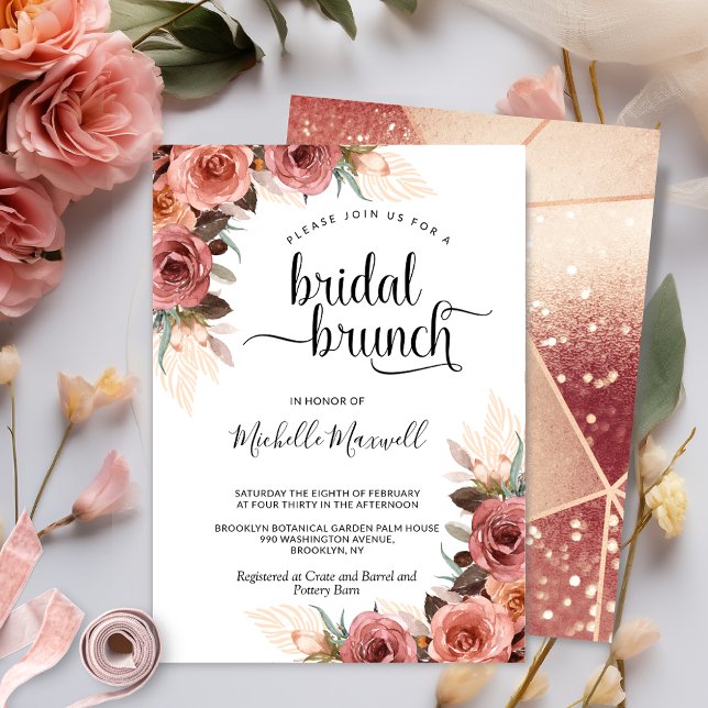 Convite Rosa Dourado, Blush Pampas Grass Floral Bridal Bru (Criador carregado)