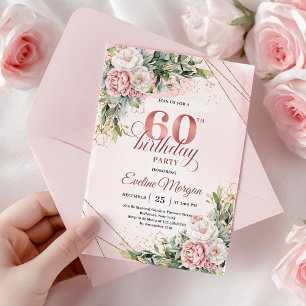 Convite Rosa Dourado Boêmio Aquarela Floral 60º Aniversári