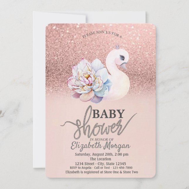 Convite Rosa Dourado Bokeh,Swan Floral Chá de fraldas (Frente)