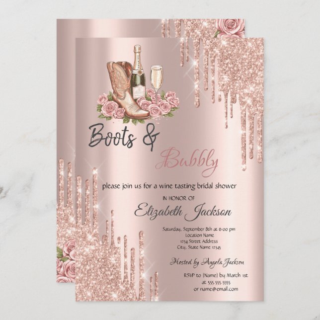 Convite Rosa Dourado Boot de Vinho e Bridal de Bolha (Frente/Verso)