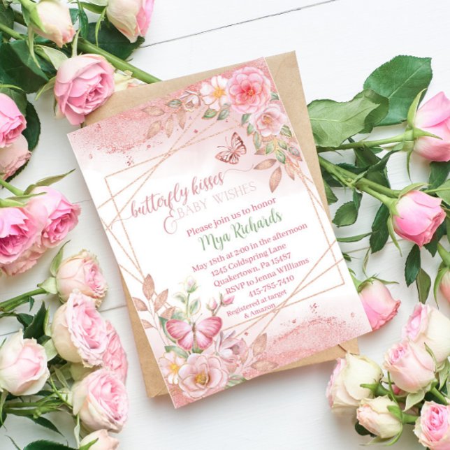 Convite Rosa dourado borboleta chá de fraldas de aquarela (Criador carregado)