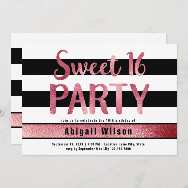 Convite Rosa dourado branco-preto, 16 festas de aniversári (Frente/Verso)