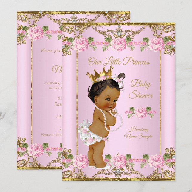 Convite Rosa Dourado Branco Princesa Baby Shower Étnico (Frente/Verso)
