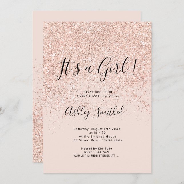 Convite Rosa dourado brilha chá de fraldas rosa (Frente/Verso)