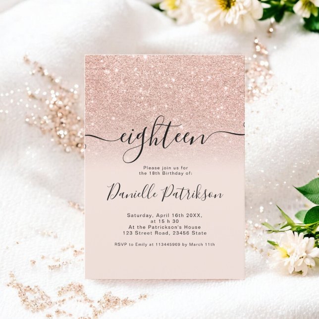 Convite Rosa dourado brilha cor-de-rosa ombre dezoito (Rose gold glitter sparkles pink ombre eighteen invitation)