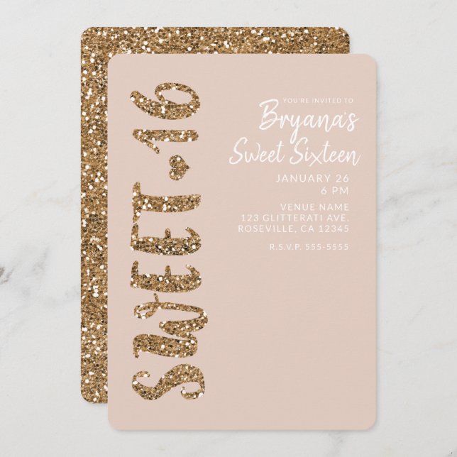Convite Rosa Dourado brilhante Blush Doce 16 Festa Sessent (Frente/Verso)