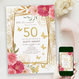 Convite Rosa Dourado Brilhante Butteriffica cor-de-rosa 50