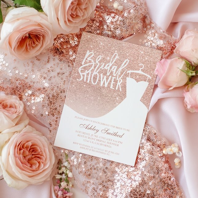 Convite Rosa dourado brilhante Chá de panela elegante de v (Rose gold glitter elegant chic dress Bridal shower Invitation)