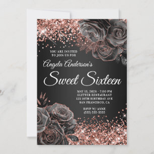 Convite Rosa Dourado Brilhante Preto Floral Glam Doze Anos