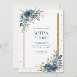 Convite Rosa Dourado Brilho Azul Índigo Aquarela Floral