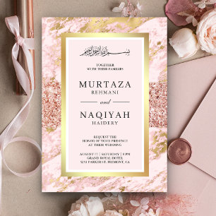 Convite Rosa Dourado Brilho Blush Rosa Mármore Casamento M