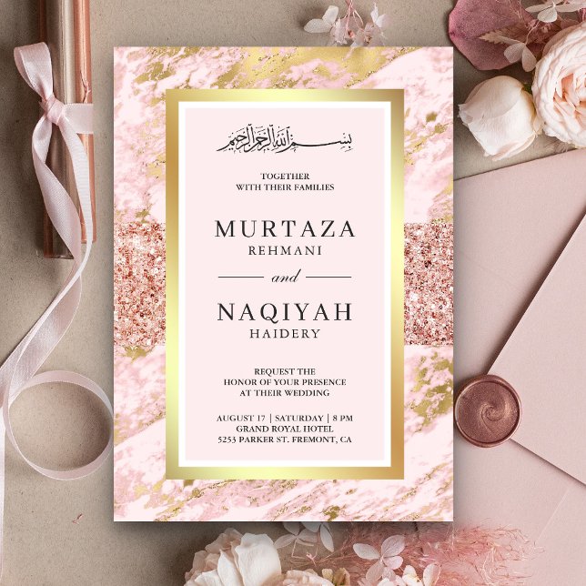 Convite Rosa Dourado Brilho Blush Rosa Mármore Casamento M (Criador carregado)