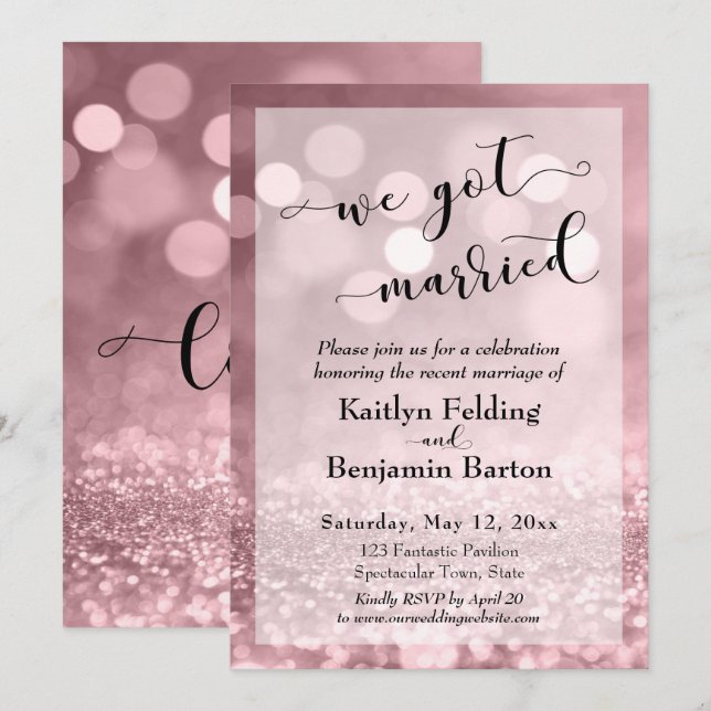 Convite Rosa Dourado Brilho Cor-de-Rosa Bokeh Nós Casamos (Frente/Verso)