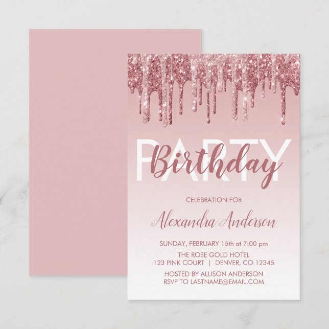 Convite Rosa Dourado brilho de brilho qualquer aniversário (Frente/Verso)