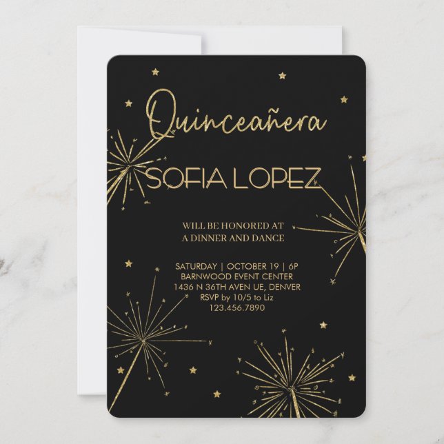 Convite Rosa Dourado Brilho Elegante Quinceañera  (Frente)
