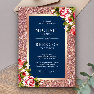 Convite Rosa Dourado Brilho Rosa Floral Azul Marinho Casam