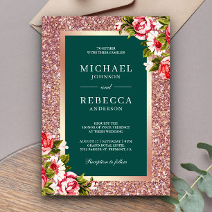 Convite Rosa Dourado Brilho Rosa Floral Esmeralda Casament
