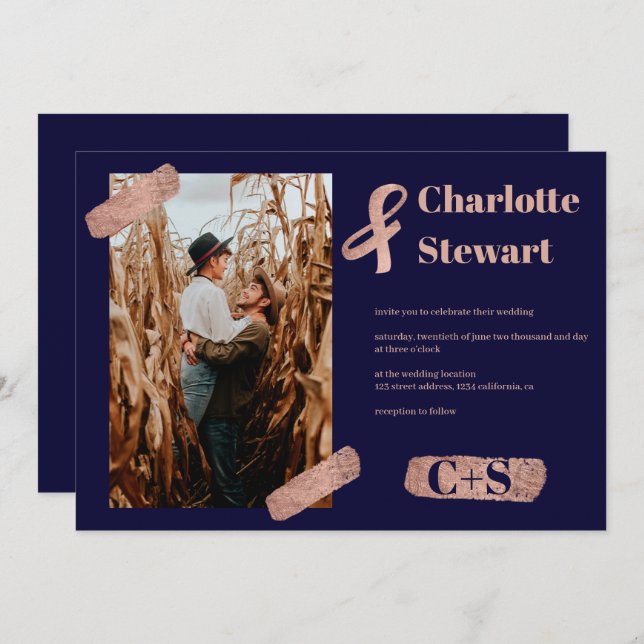 Convite Rosa dourado, bruxaria elegante, foto de casamento (Frente/Verso)