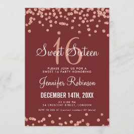 Convite Rosa Dourado Burgundy Sweet 16 Glitter Confetti