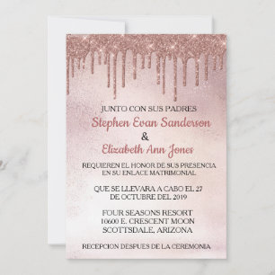 Convite Rosa Dourado Casamento Espanhol com Glitter