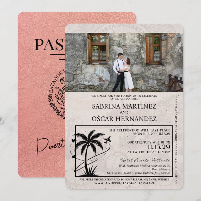 Convite Rosa Dourado Casamento Puerta Vallarta Passaporte (Frente/Verso)