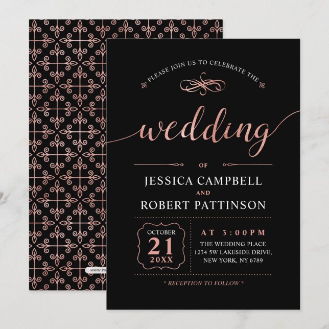 Convite Rosa Dourado | Cerimônia de Casamento Clássica e E (Frente/Verso)