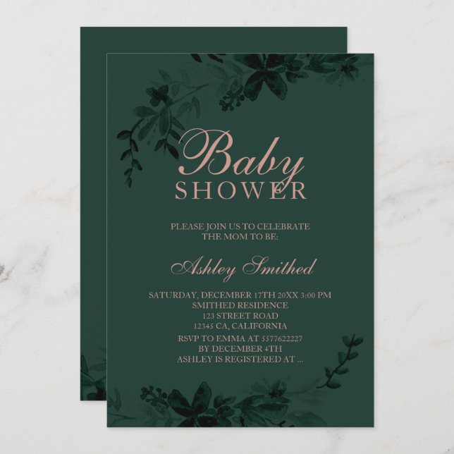 Convite Rosa dourado chá de fraldas verde (Frente/Verso)