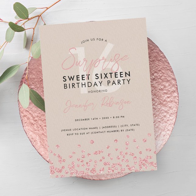 Convite Rosa Dourado Champagne Surpresa com Brilho 16 (Rose Gold Champagne Glitter Surprise Sweet 16 Invitation)
