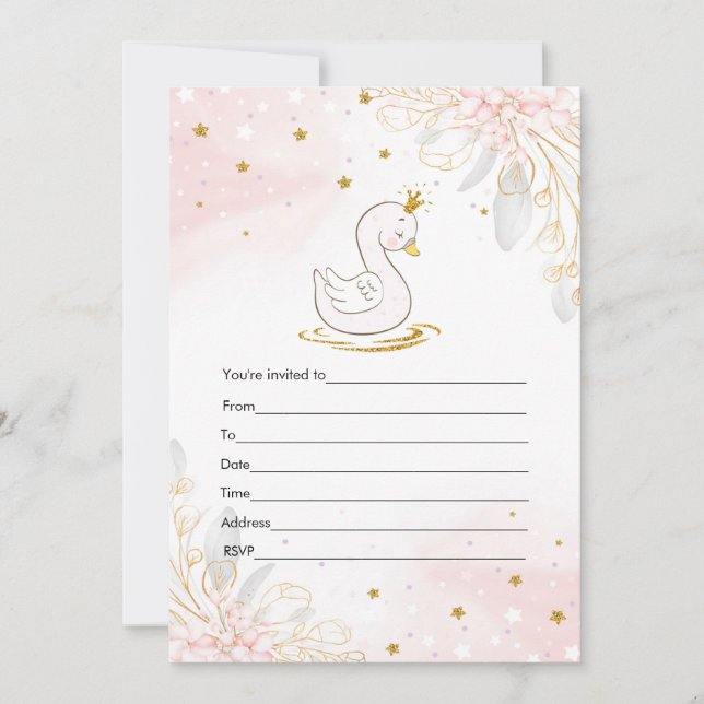 Convite rosa dourado cisne aquarela para preencher (Frente)