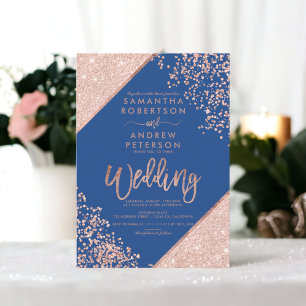 Convite Rosa dourado confete chic blue casamento