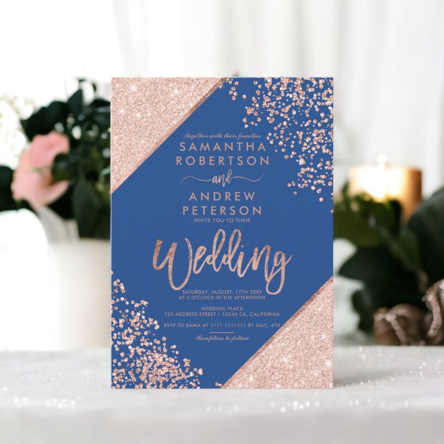 Convite Rosa dourado confete chic blue casamento (Rose gold glitter confetti chic blue wedding invitation)