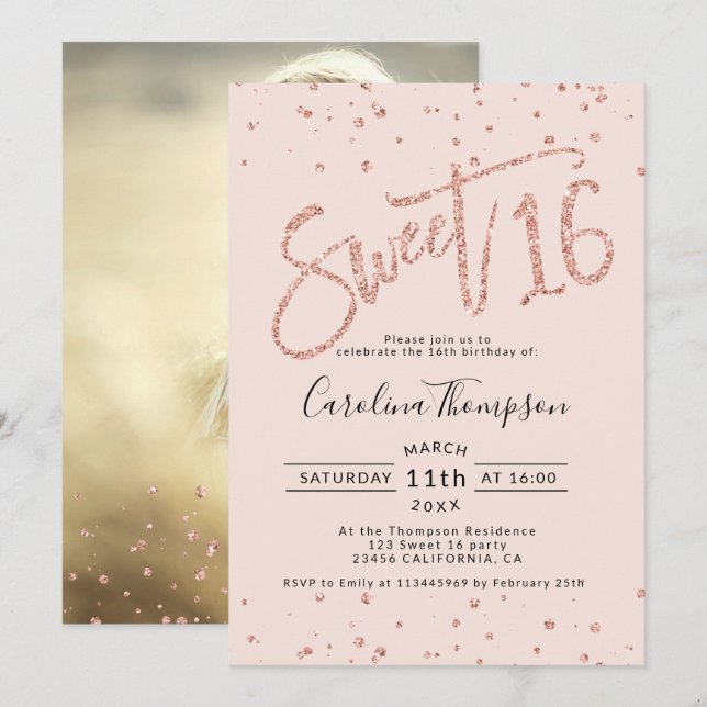 Convite Rosa dourado confetti blush Sweet 16 foto (Frente/Verso)