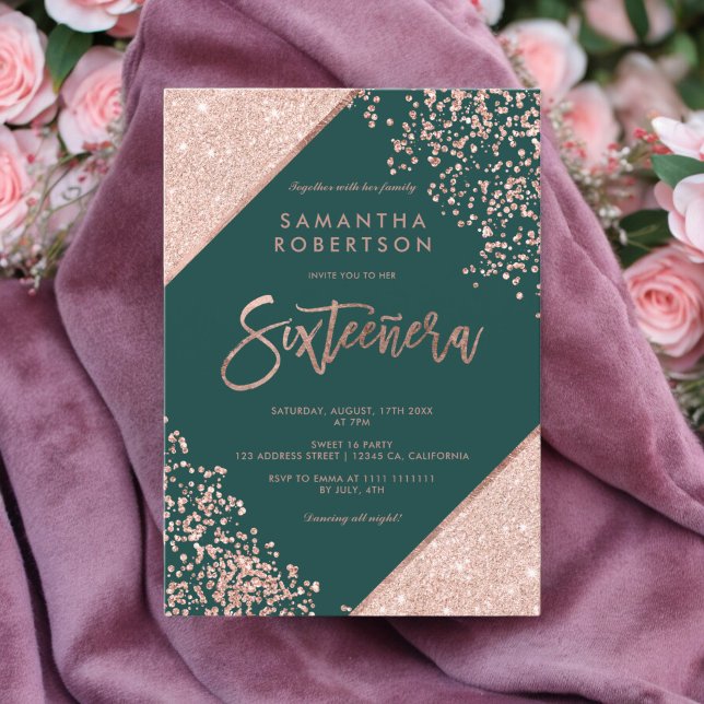 Convite Rosa dourado confetti emerald green Sweet 16 (Rose gold glitter confetti emerald green Sweet 16 Invitation)