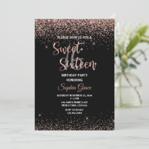 Convite Rosa dourado Confetti negro Sweet 16 Aniversário