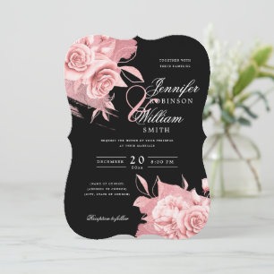 Convite Rosa Dourado de Casamento Elegante Floral e Preto 