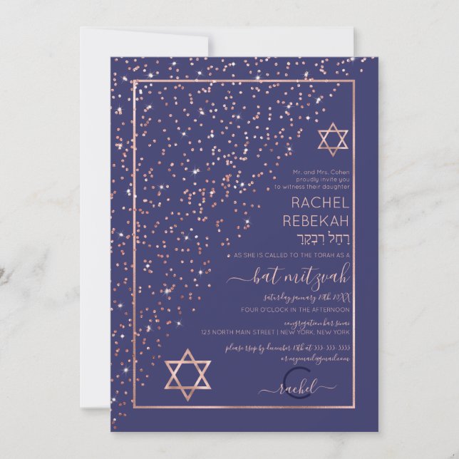 Convite Rosa Dourado de Confetti Diagonal Bat Mitzvah (Frente)