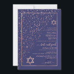 Convite Rosa Dourado de Confetti Diagonal Bat Mitzvah<br><div class="desc">Este elegante e único convite Bat Mitzvah é ideal para um evento clássico e formal. Ele apresenta uma configuração falsa impressa de brilho rosa dourado esparso, impressa diagonalmente através do convite na parte superior de uma borda de retângulo ouro fino com um fundo azul marinho. É chic, moderno, luxuoso, bonito,...</div>