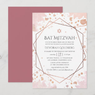 Convite Rosa Dourado e Blush Geométrico Mitzvah