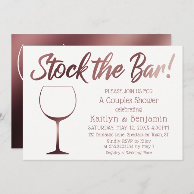 Convite Rosa Dourado e branco estoque o Chá dos Casais Bar (Frente/Verso)