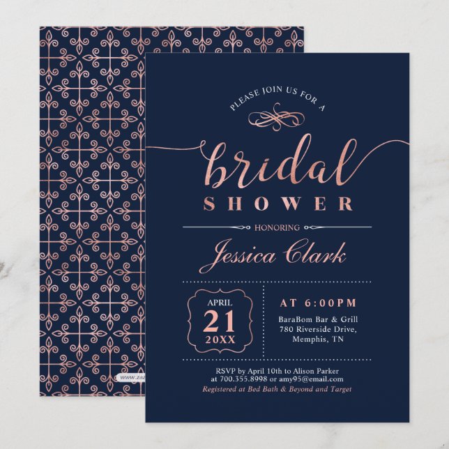 Convite ROSA DOURADO e MARINHO | Chá de panela de Casament (Frente/Verso)