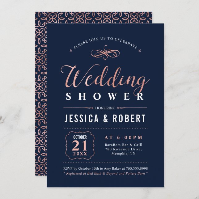 Convite Rosa Dourado e preto | Chá de casamento de Casais  (Frente/Verso)