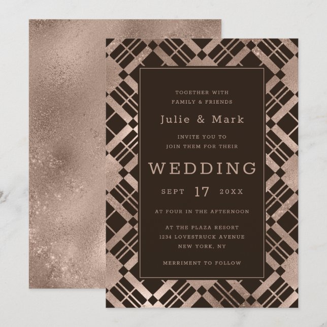 Convite Rosa Dourado e qualquer casamento de Xadrez de fun (Frente/Verso)