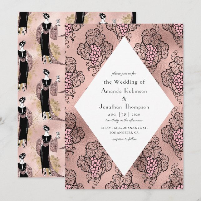 Convite Rosa Dourado e Rosa Bege Art Deco Vinho Casamento (Frente/Verso)