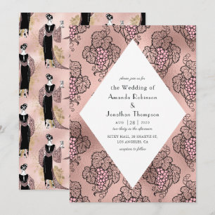 Convite Rosa Dourado e Rosa Bege Art Deco Vinho Casamento