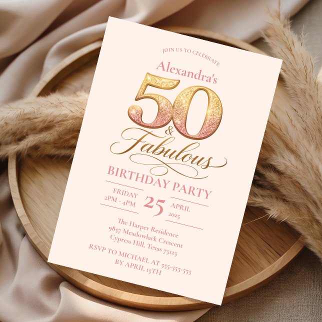 Convite Rosa Dourado Elegante 50º Aniversário (Criador carregado)
