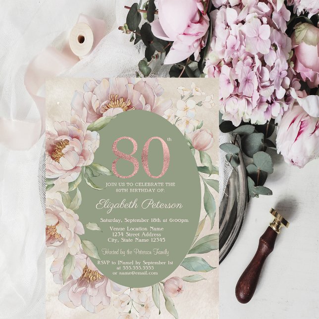 Convite Rosa Dourado Elegantes Flores Verde 80º Aniversári (Criador carregado)