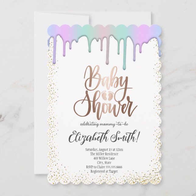 Convite Rosa dourado, estrelas coloridas do arco-íris Chá  (Frente)