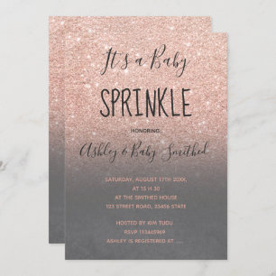 Convite Rosa dourado falso brilho cinza bebê mbre aspersão