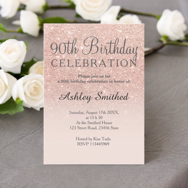 Convite Rosa dourado falso brilho cor-de-rosa 90 (Rose gold faux glitter pink ombre 90th birthday invitation)