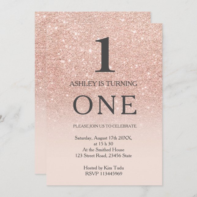 Convite Rosa dourado falso brilho primeiro aniversario cor (Frente/Verso)